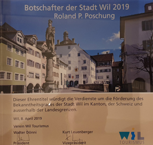 Die Urkunde vom «Botschafter der Stadt Wil 2019» für Roland P. Poschung